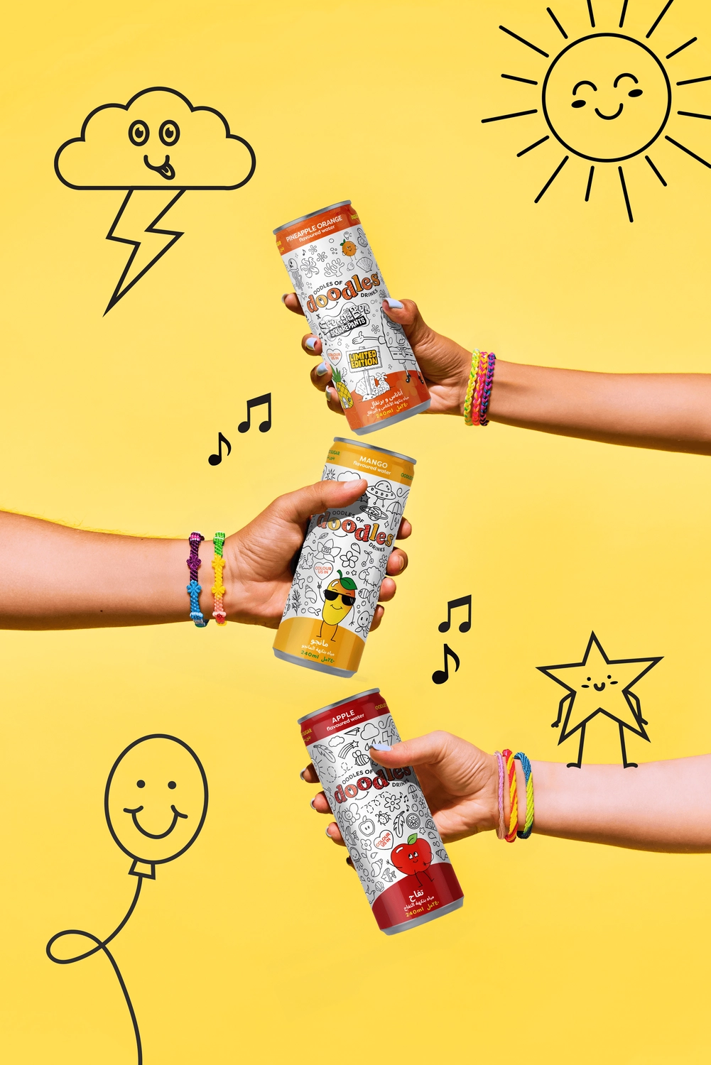 Oodles of Doodles cans held up together